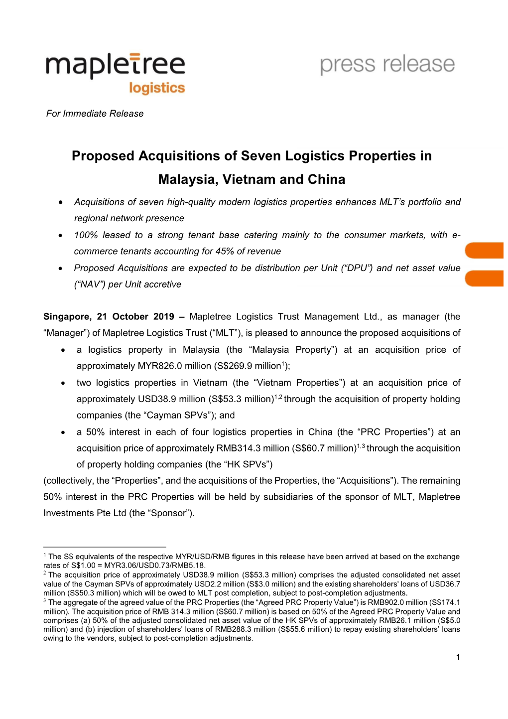 Proposed Acquisitions of Seven Logistics Properties in Malaysia, Vietnam and China