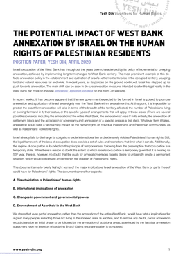 The Potential Impact of West Bank Annexation by Israel on the Human Rights of Palestinian Residents Position Paper, Yesh Din, April 2020