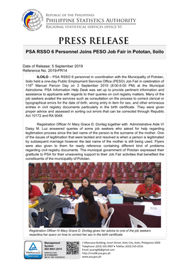 PSA RSSO 6 Personnel Joins PESO Job Fair in Pototan, Iloilo