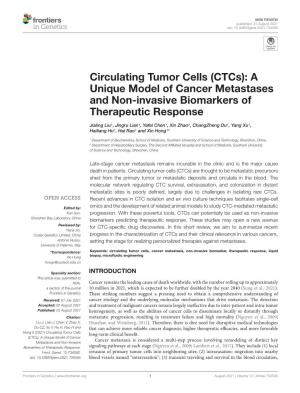 Circulating Tumor Cells (Ctcs): a Unique Model of Cancer Metastases and Non-Invasive Biomarkers of Therapeutic Response