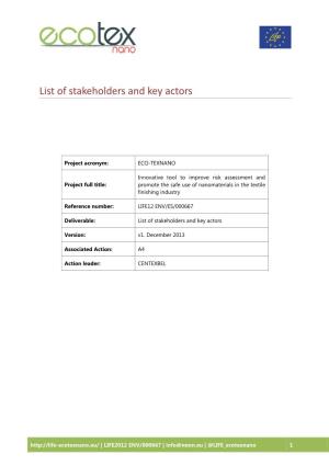 List of Stakeholders and Key Actors