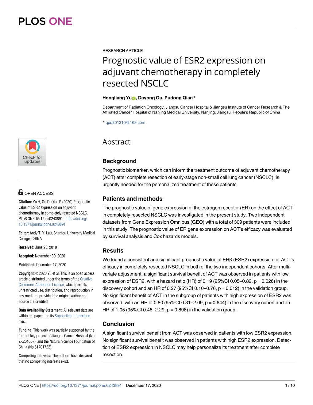 Prognostic Value of ESR2 Expression on Adjuvant Chemotherapy in Completely Resected NSCLC