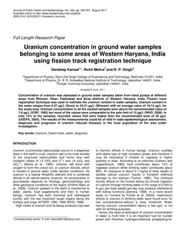 Uranium Concentration in Ground Water Samples Belonging to Some Areas of Western Haryana, India Using Fission Track Registration Technique