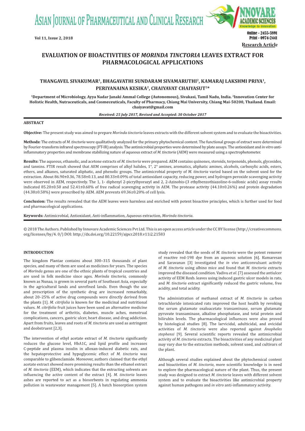 Evaluation of Bioactivities of Morinda Tinctoria Leaves Extract for Pharmacological Applications