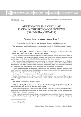 Addition to the Vascular Flora in the Region of Biokovo (Dalmatia, Croatia)