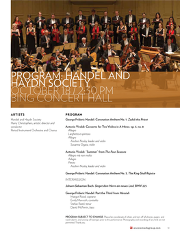 Handel and Haydn Society October 18 / 2:30 Pm Bing Concert Hall