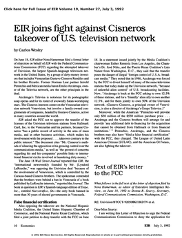 {EIR} Joins Fight Against Cisneros Takeover of U.S. Television Network