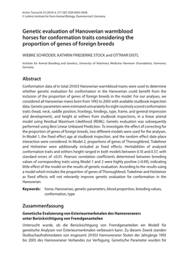 Genetic Evaluation of Hanoverian Warmblood Horses for Conformation Traits Considering the Proportion of Genes of Foreign Breeds