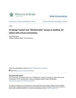 St George Tucker's Two "Old Batchellor" Essays on Duelling: an Edition with Critical Commentary
