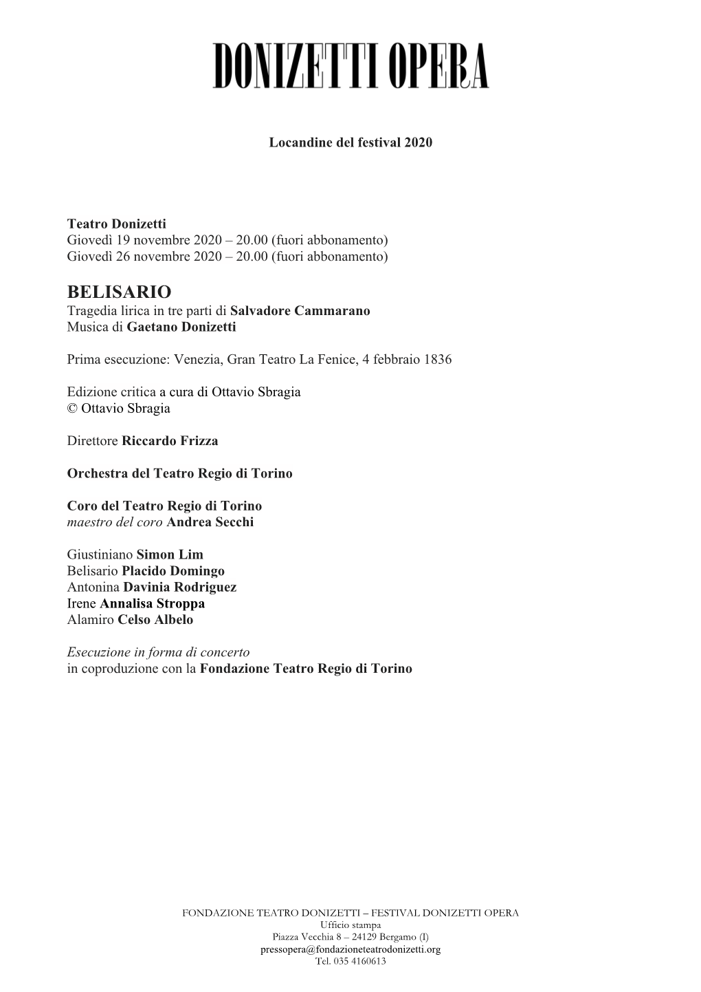 BELISARIO Tragedia Lirica in Tre Parti Di Salvadore Cammarano Musica Di Gaetano Donizetti