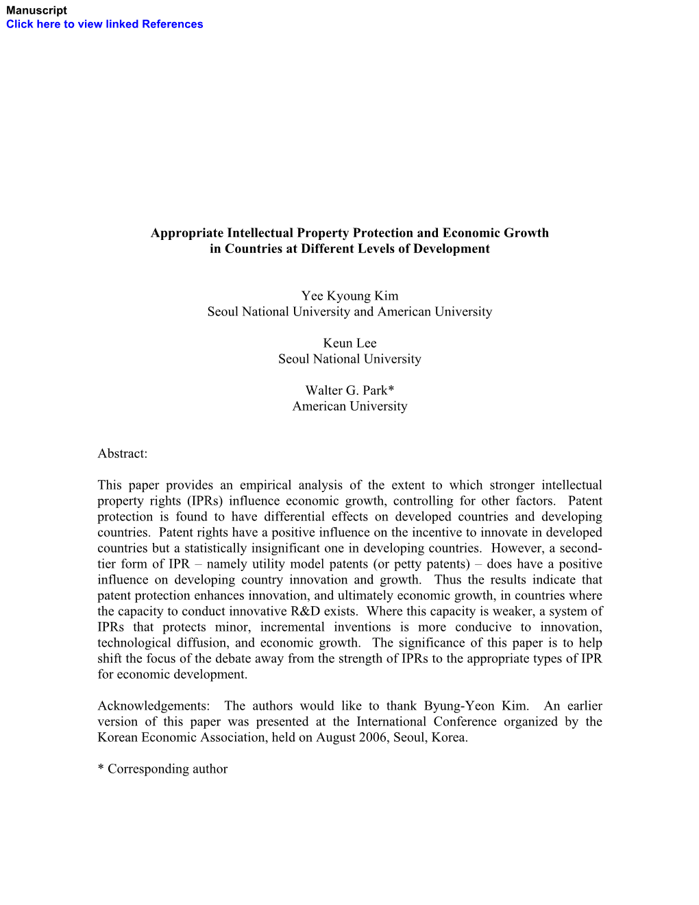 Appropriate Intellectual Property Protection and Economic Growth in Countries at Different Levels of Development