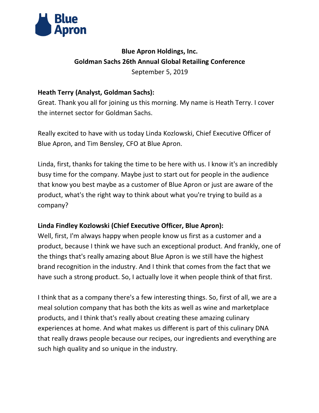 Goldman Sachs 26Th Annual Global Retailing Conference September 5, 2019