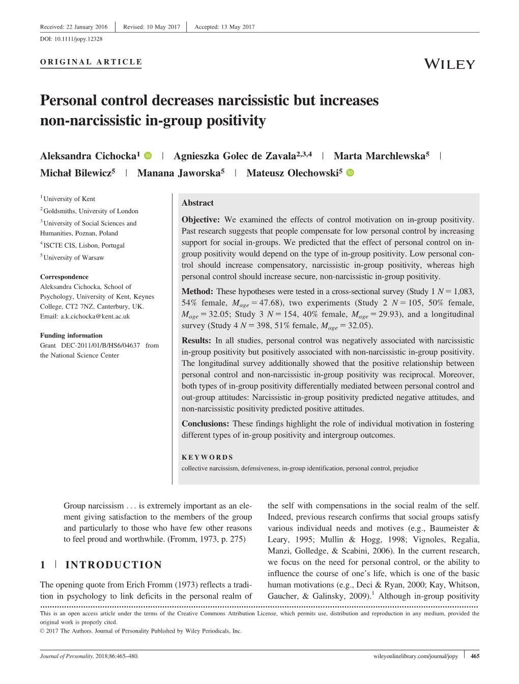 Personal Control Decreases Narcissistic but Increases Non&#8208