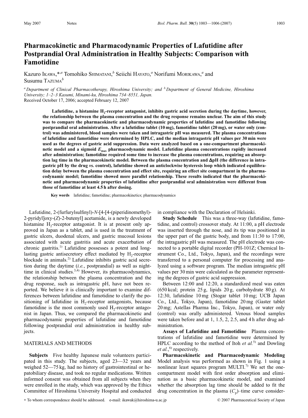 Pharmacokinetic and Pharmacodynamic Properties of Lafutidine After Postprandial Oral Administration in Healthy Subjects: Comparison with Famotidine