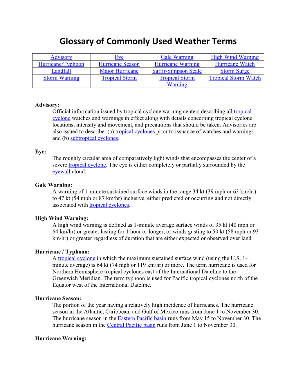 Glossary of Commonly Used Weather Terms