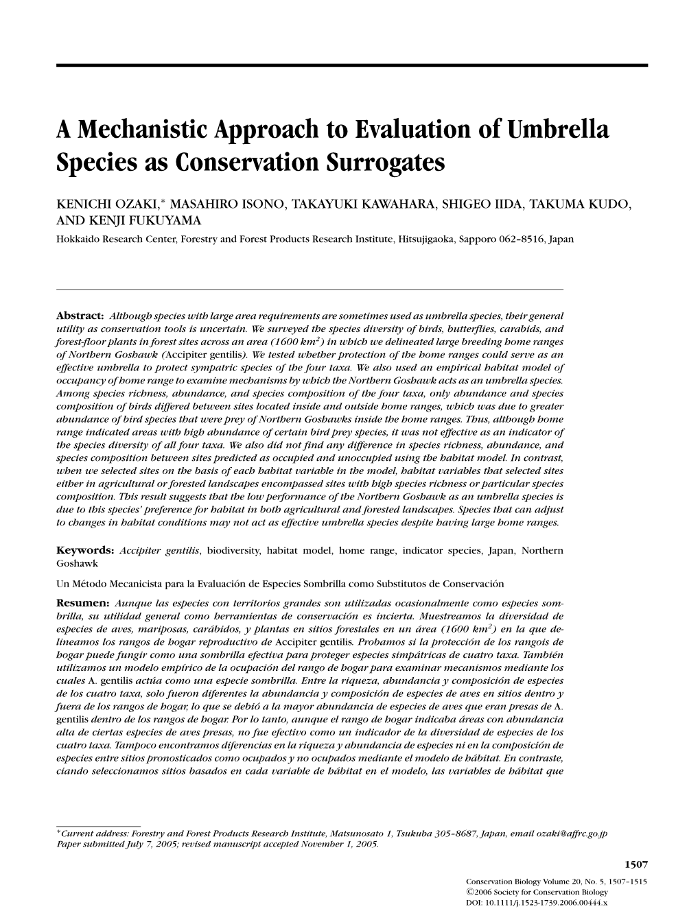 A Mechanistic Approach to Evaluation of Umbrella Species As Conservation Surrogates