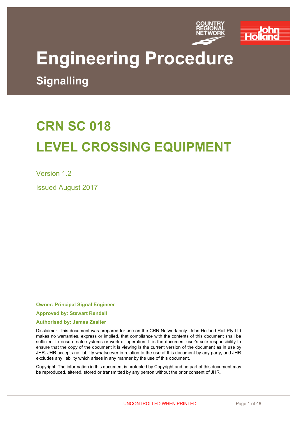 Engineering Procedure Signalling CRN SC 018 LEVEL CROSSING
