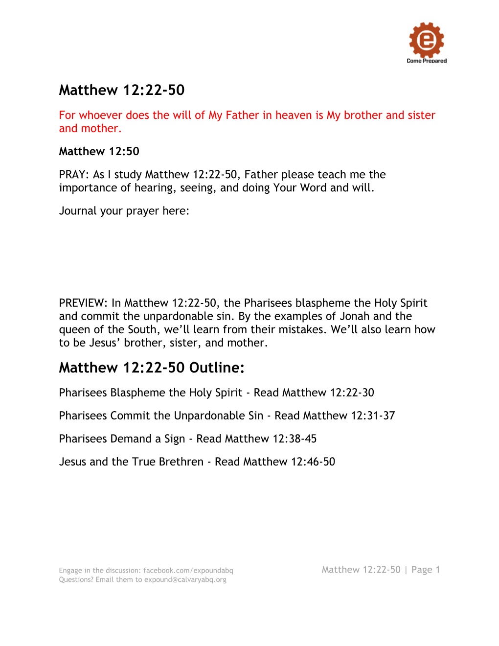 Matthew 12 22-50 Study Guide Handout