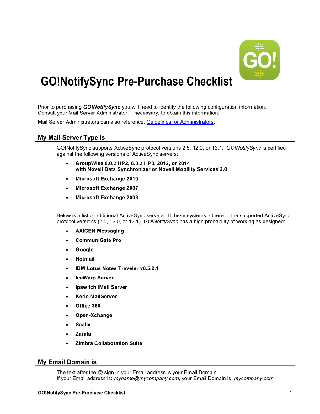 GO!Notifysync Pre-Purchase Checklist