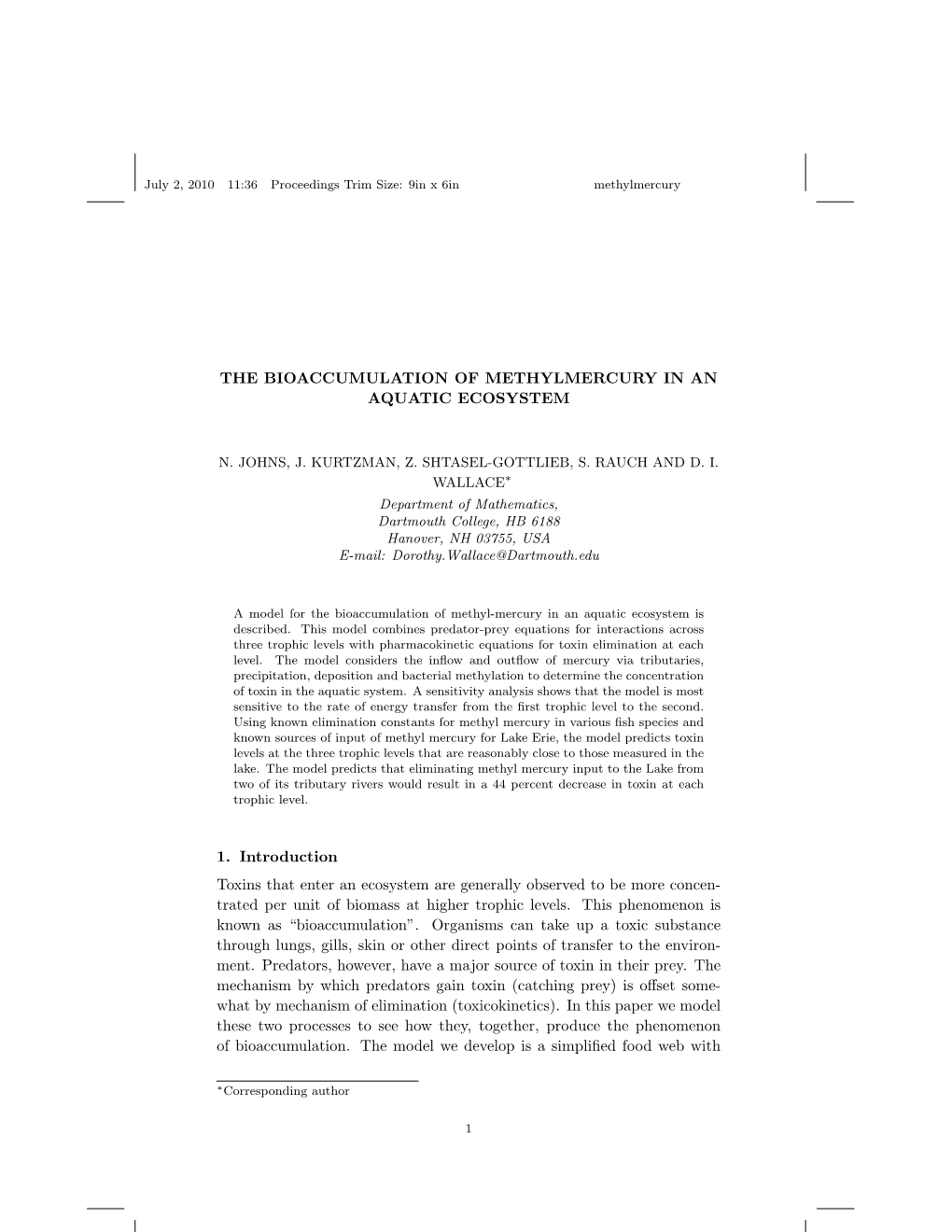 The Bioaccumulation of Methylmercury in an Aquatic Ecosystem