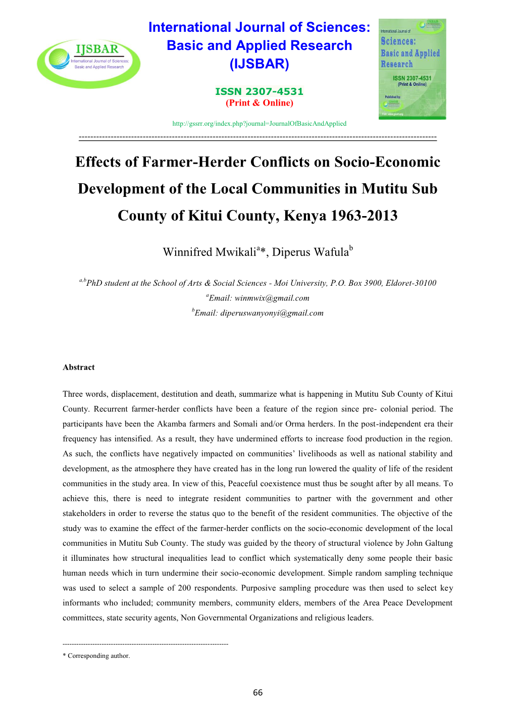Effects of Farmer-Herder Conflicts on Socio-Economic Development of the Local Communities in Mutitu Sub County of Kitui County, Kenya 1963-2013