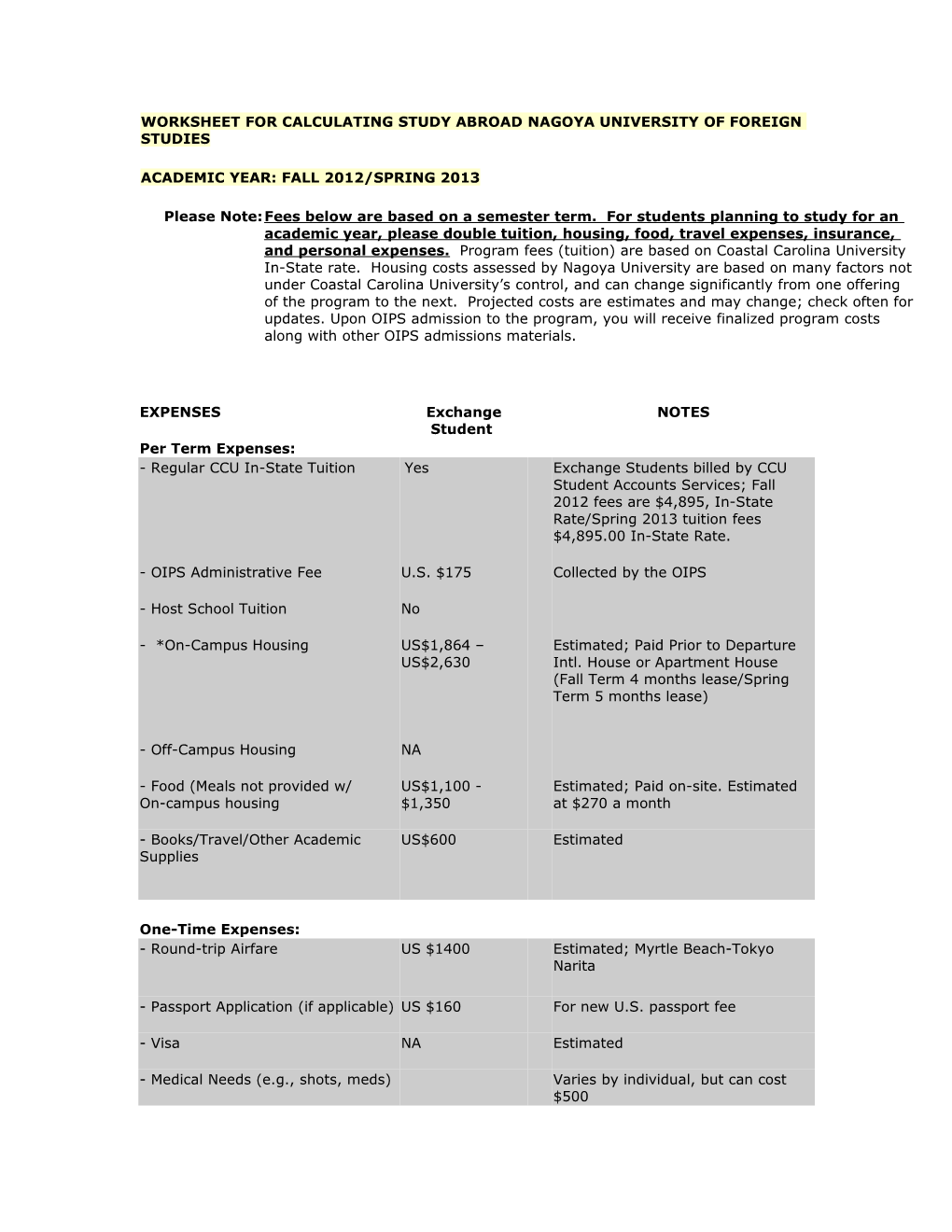 Worksheet for Calculating Study Abroad Deakin University