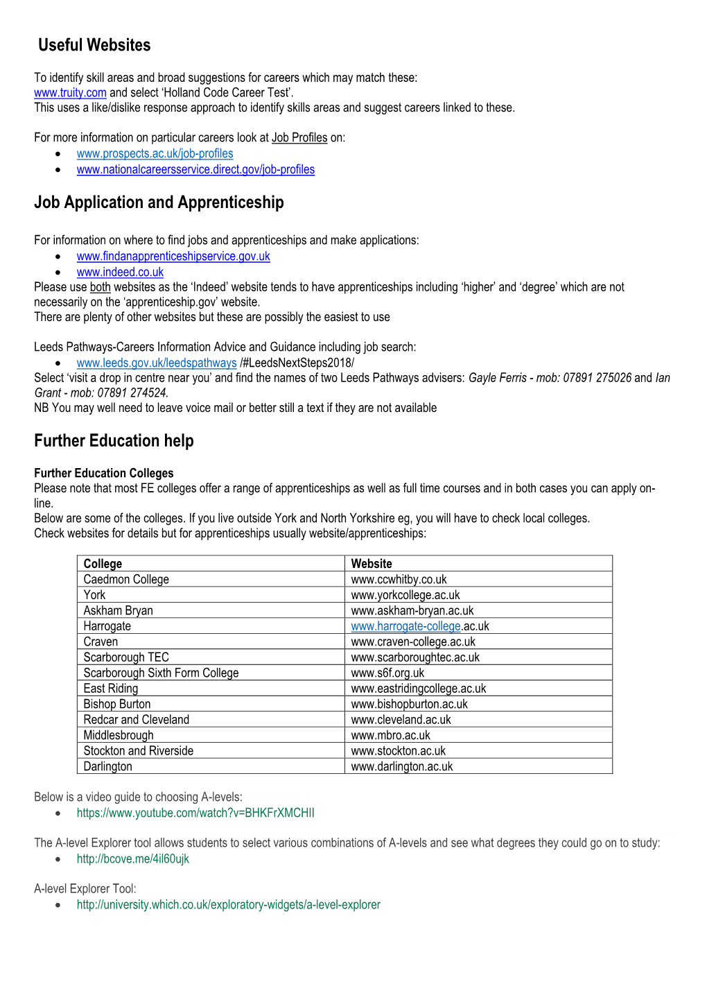 Useful Websites Job Application and Apprenticeship Further Education