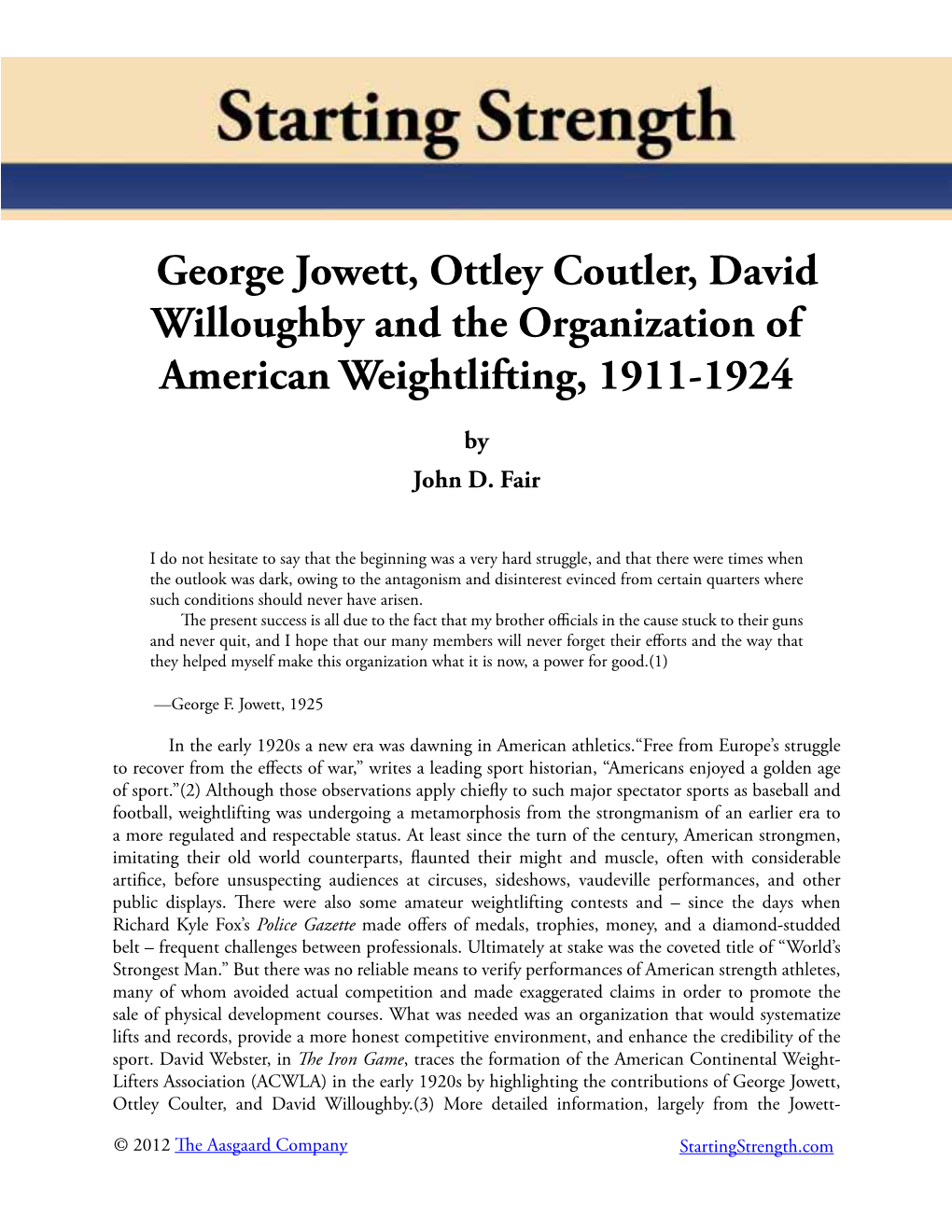 George Jowett, Ottley Coutler, David Willoughby and the Organization of American Weightlifting, 1911-1924