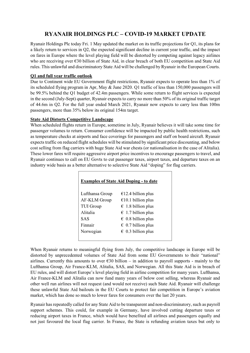 RYANAIR HOLDINGS PLC – COVID-19 MARKET UPDATE Ryanair Holdings Plc Today Fri