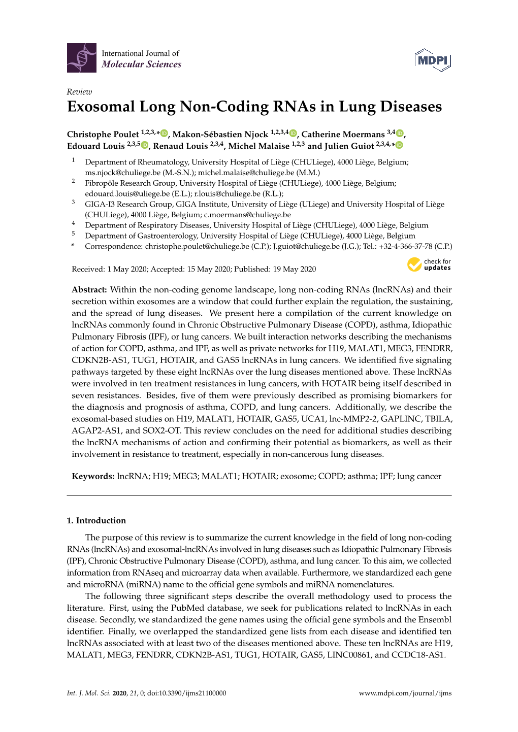 Exosomal Long Non-Coding Rnas in Lung Diseases