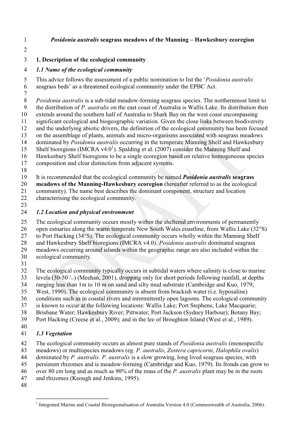 Draft Conservation Advice for Posidonia Australis Seagrass