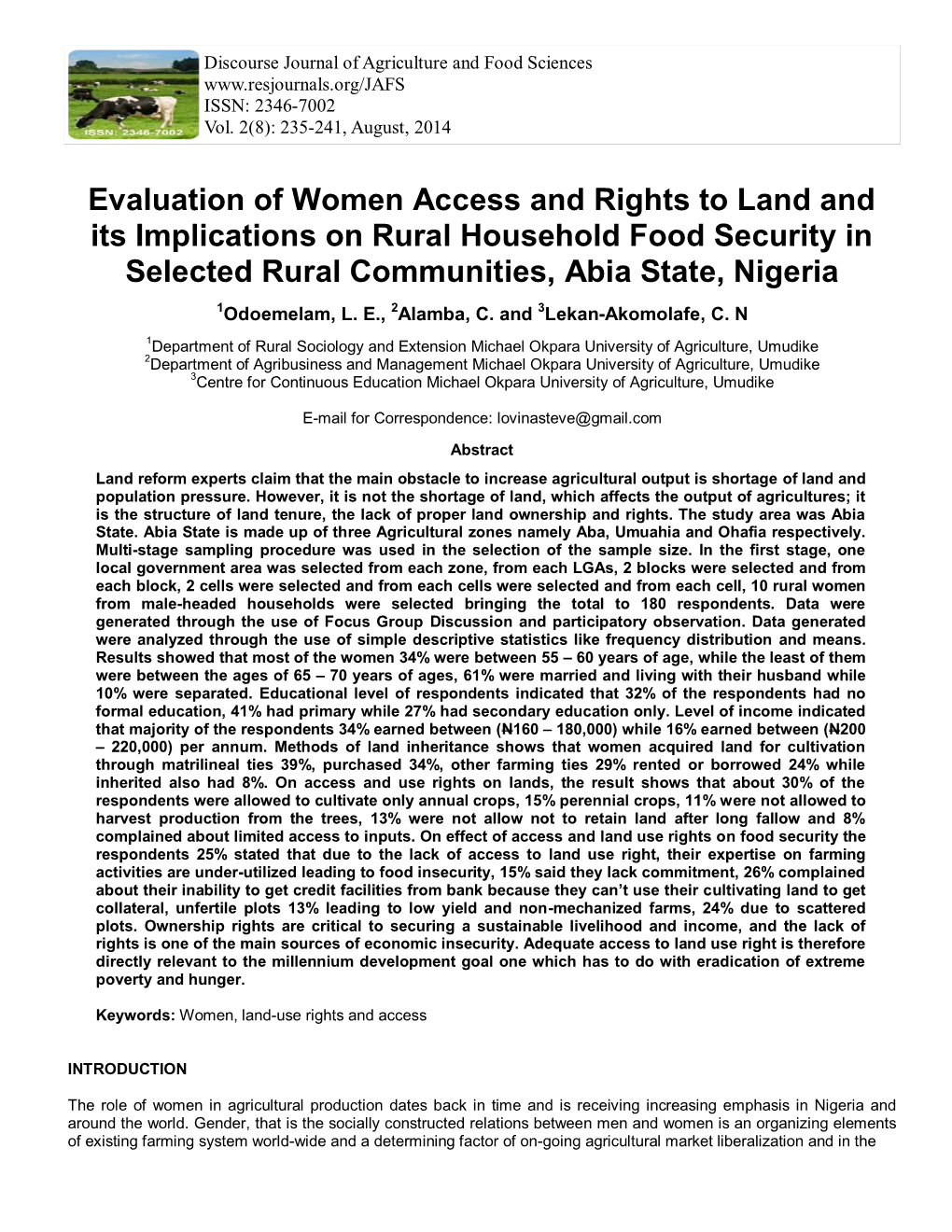 Evaluation of Women Access and Rights to Land and Its Implications on Rural Household Food Security in Selected Rural Communities, Abia State, Nigeria