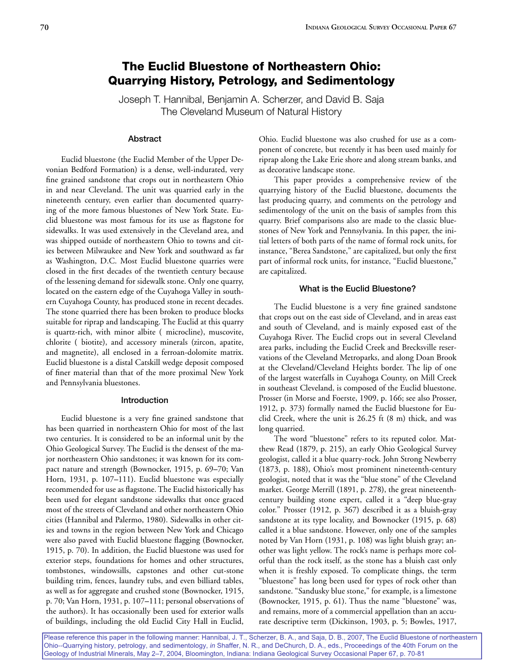 The Euclid Bluestone of Northeastern Ohio: Quarrying History, Petrology, and Sedimentology Joseph T