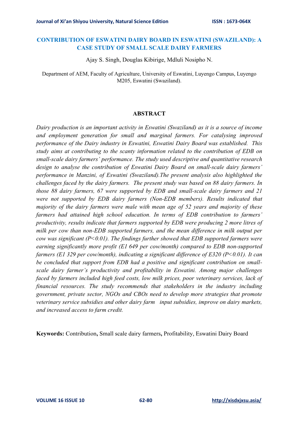 CONTRIBUTION of ESWATINI DAIRY BOARD in ESWATINI (SWAZILAND): a CASE STUDY of SMALL SCALE DAIRY FARMERS Ajay S