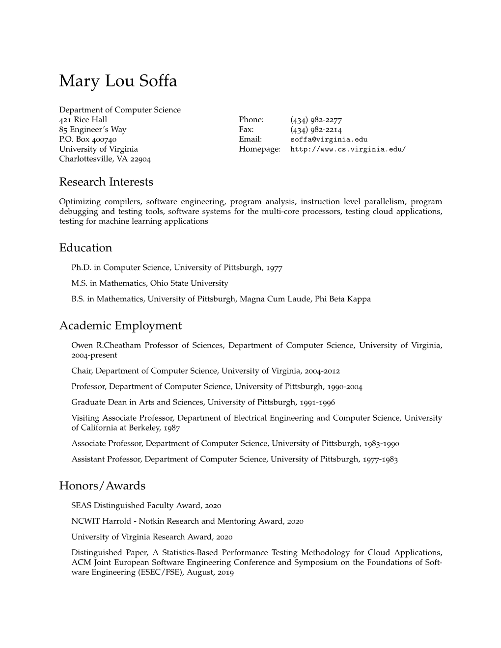 Mary Lou Soffa: Curriculum Vitae