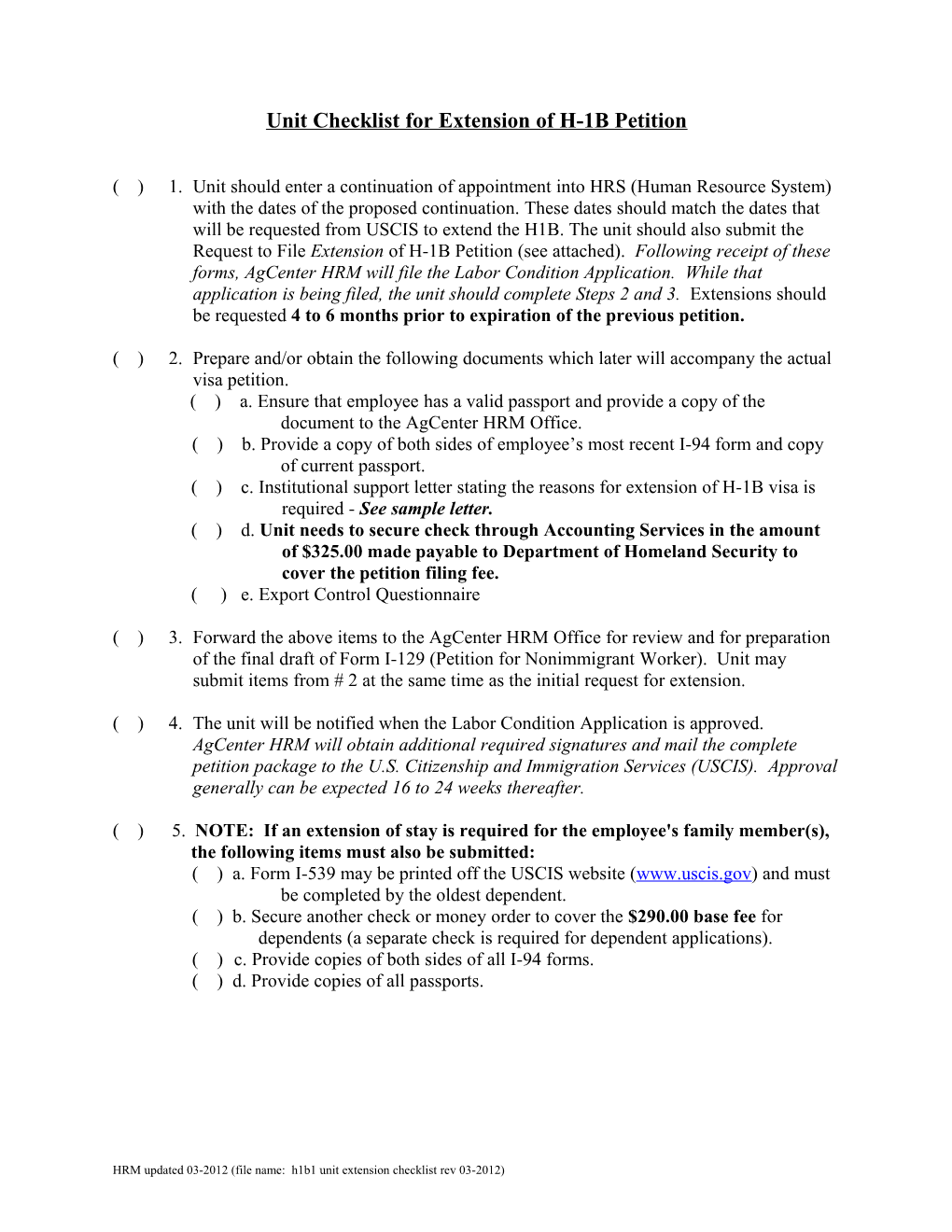 Unit Checklist for Extension of H-1B1 Petition