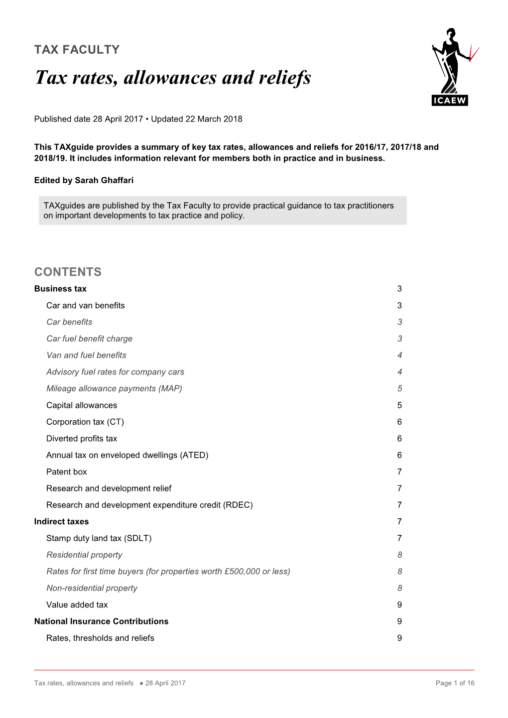 TAX FACULTY Tax Rates, Allowances and Reliefs