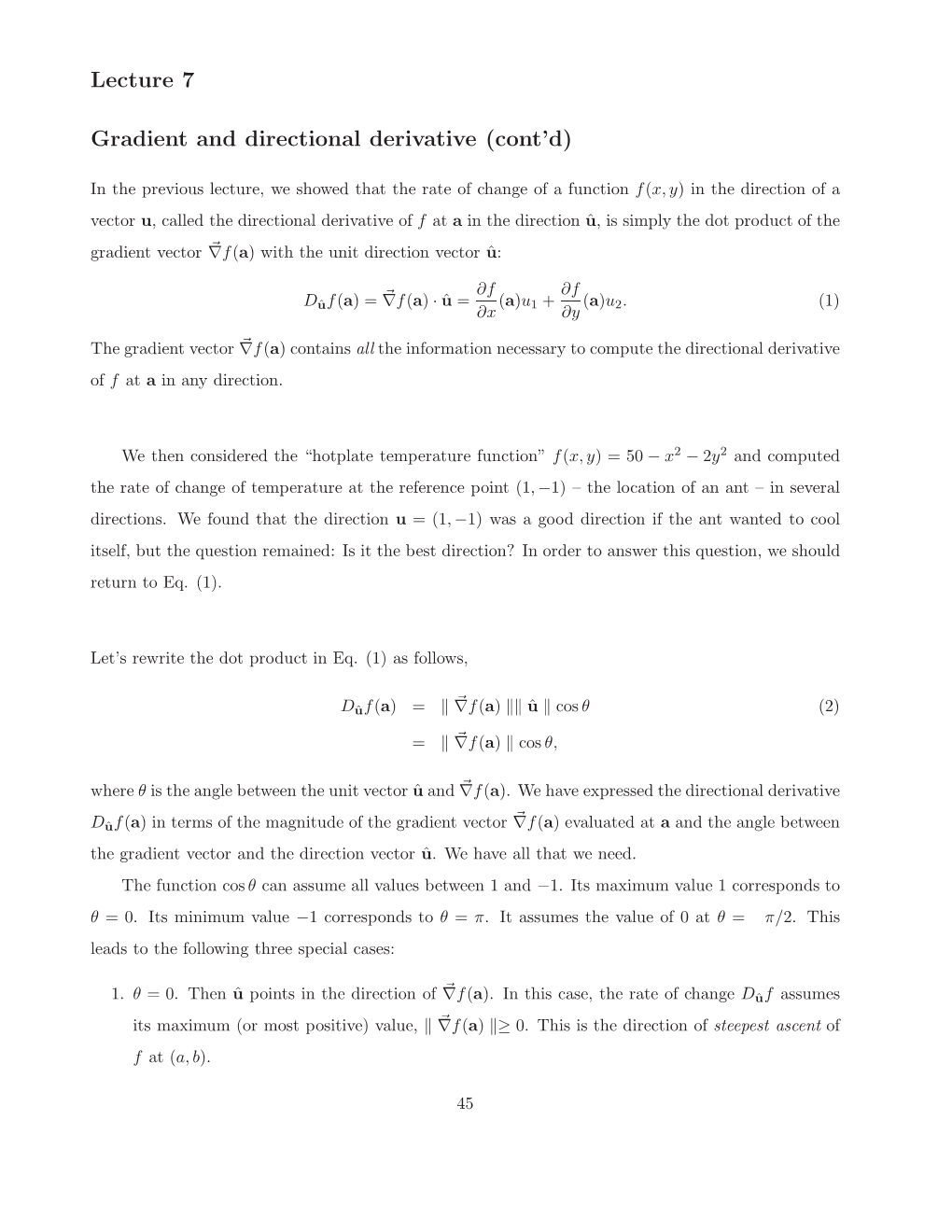 Lecture 7 Gradient and Directional Derivative (Cont'd)