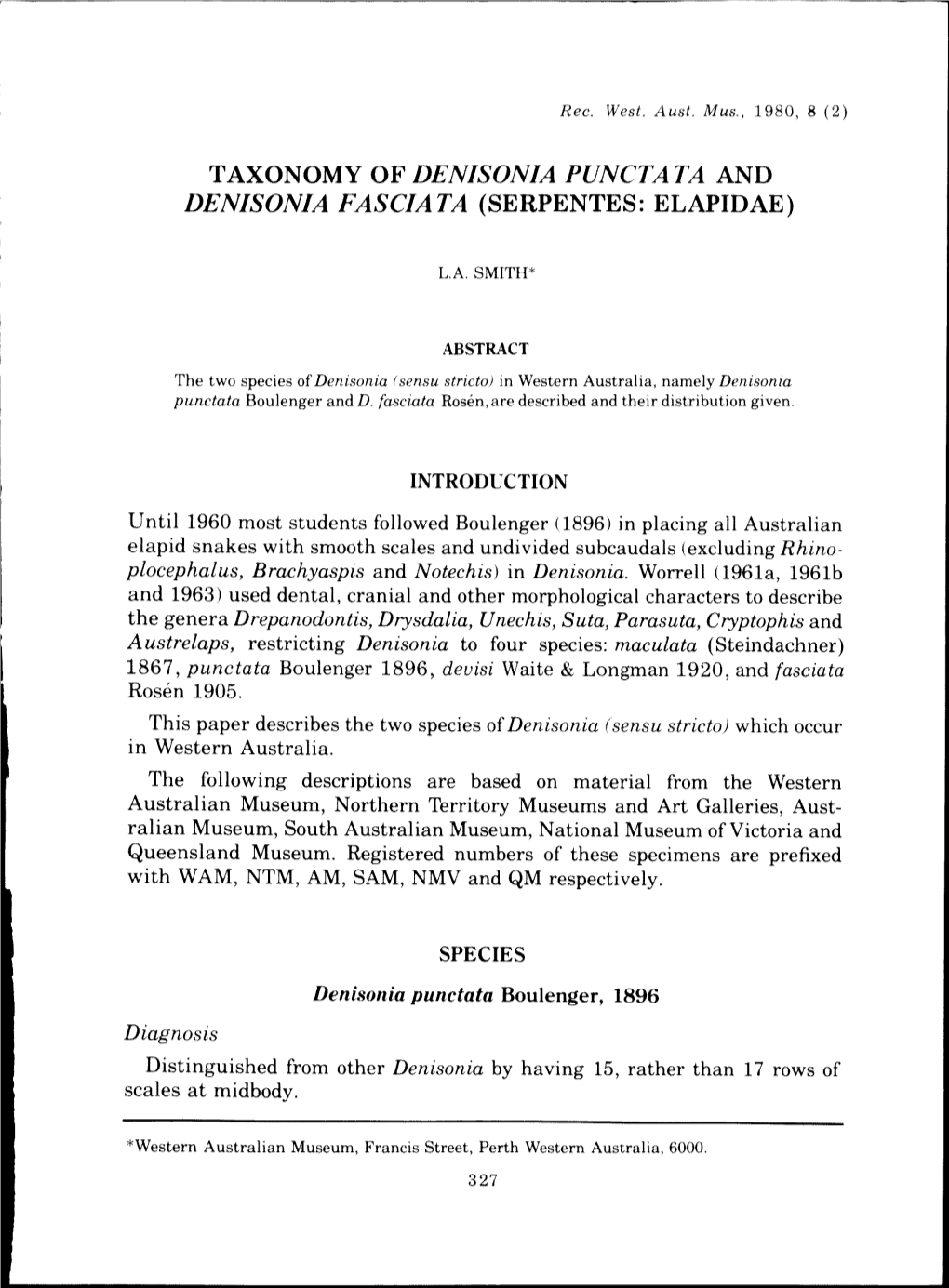 Taxonomy of Denisonia Punctata and Denisonia Fasciata (Serpentes: Elapidae) 327