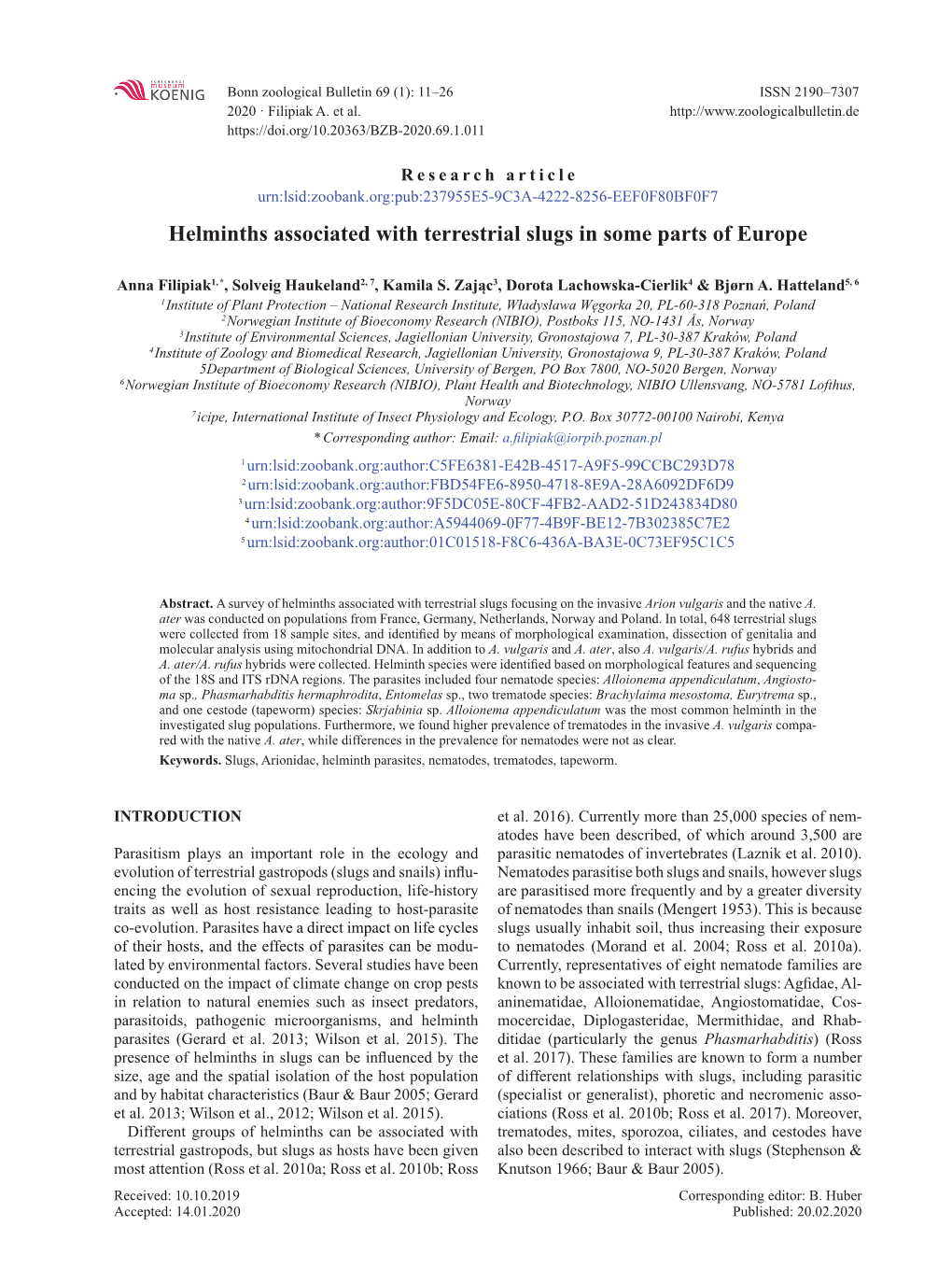 Helminths Associated with Terrestrial Slugs in Some Parts of Europe