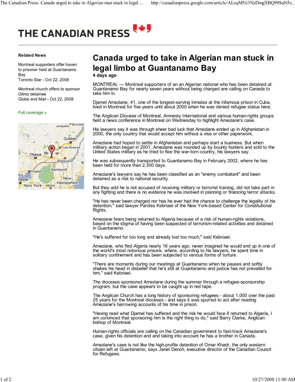 The Canadian Press: Canada Urged to Take in Algerian Man Stuck in Legal
