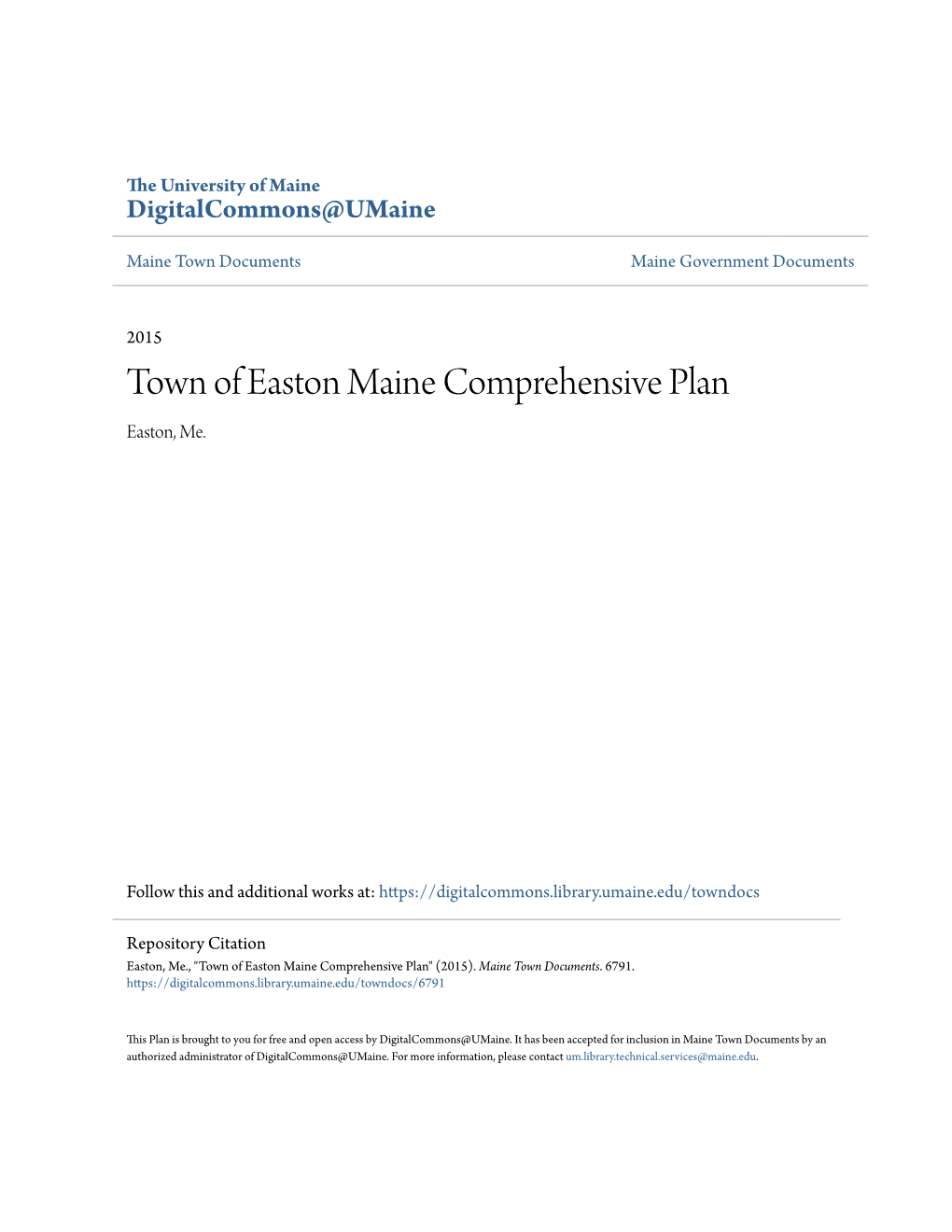 Town of Easton Maine Comprehensive Plan Easton, Me