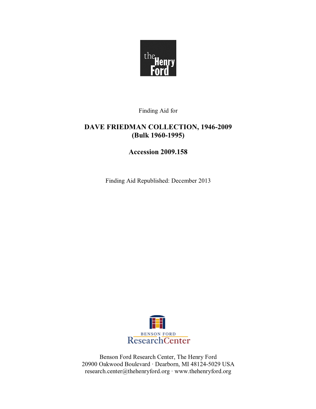 Finding Aid for the Dave Friedman Collection, 1946-2009