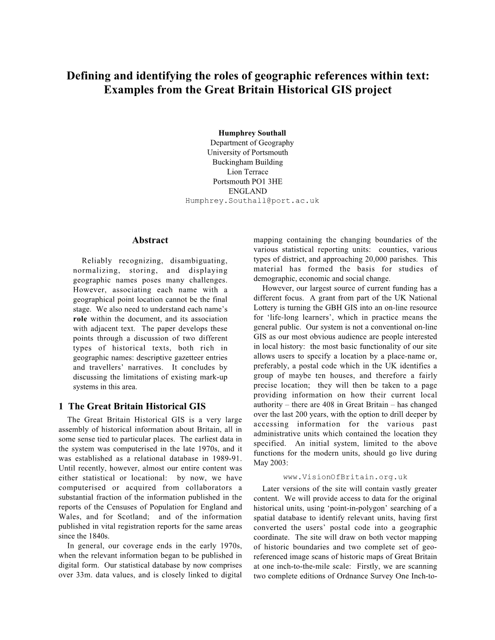 Defining and Identifying the Roles of Geographic References Within Text: Examples from the Great Britain Historical GIS Project