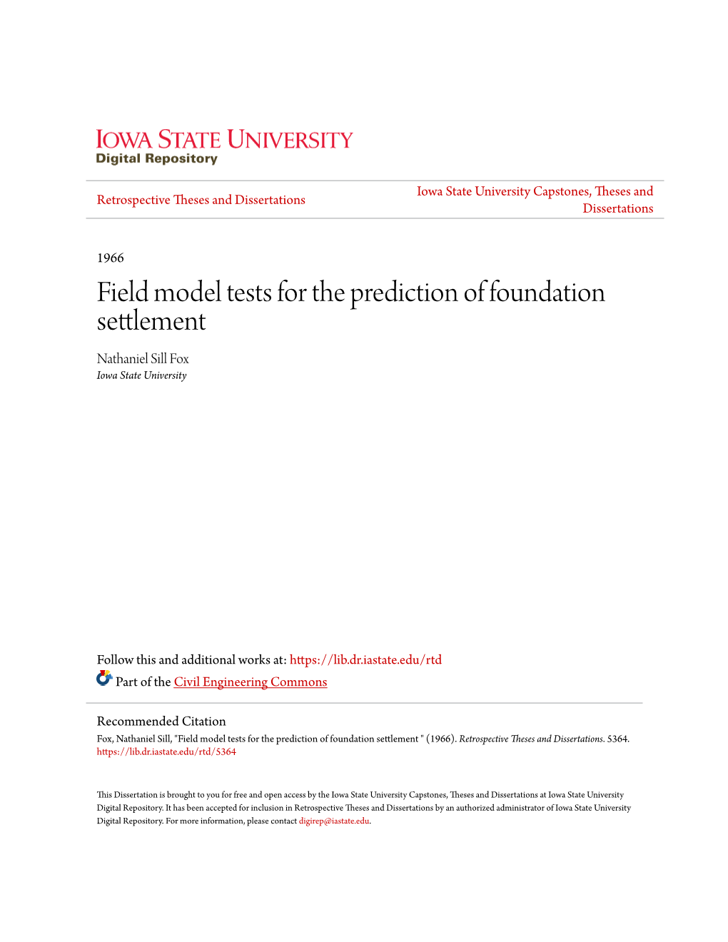 Field Model Tests for the Prediction of Foundation Settlement Nathaniel Sill Fox Iowa State University