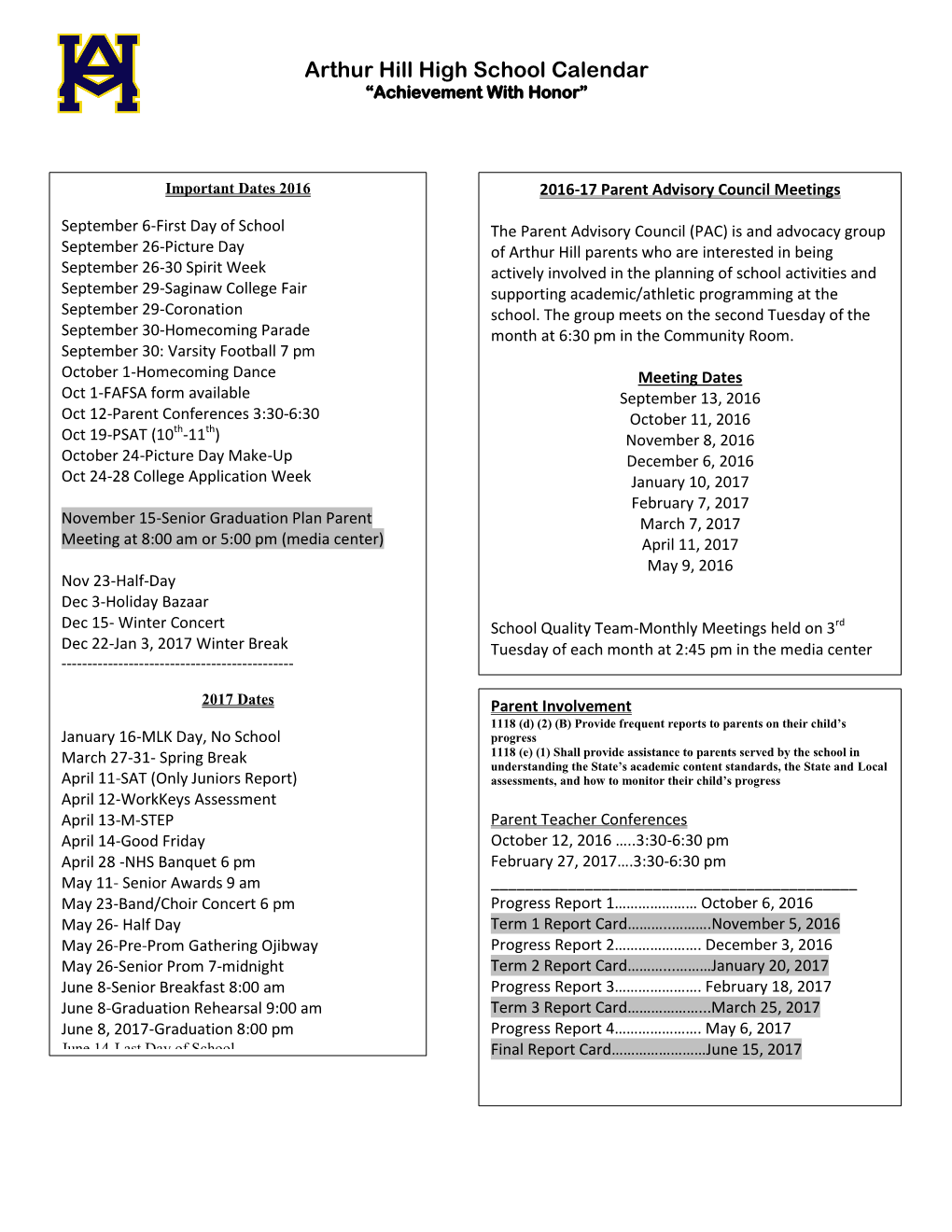 Arthur Hill High School Calendar “Achievement with Honor”