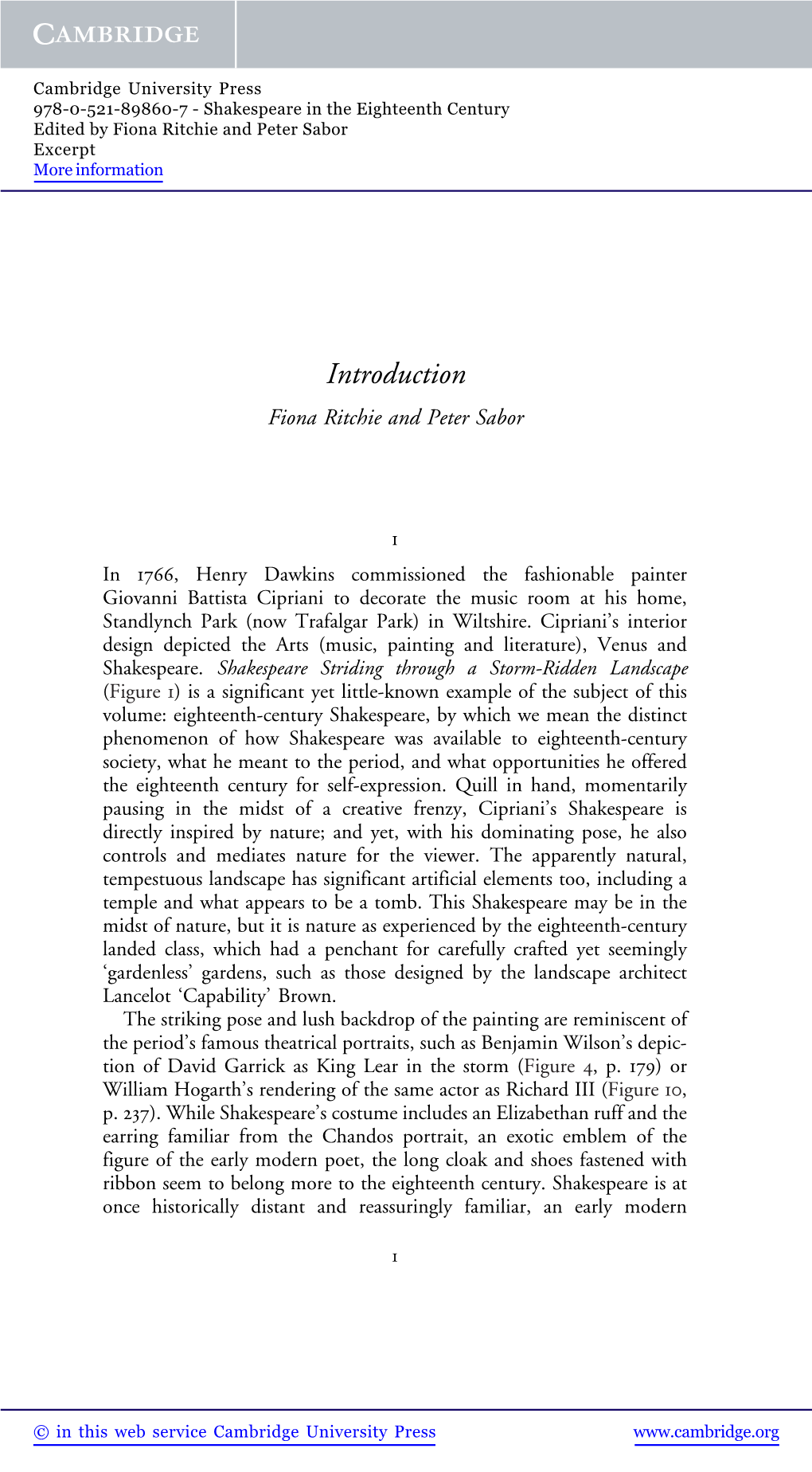 Shakespeare in the Eighteenth Century Edited by Fiona Ritchie and Peter Sabor Excerpt More Information