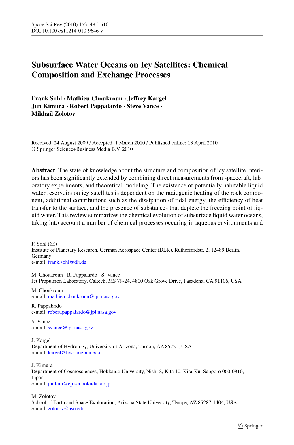 Subsurface Water Oceans on Icy Satellites: Chemical Composition and Exchange Processes