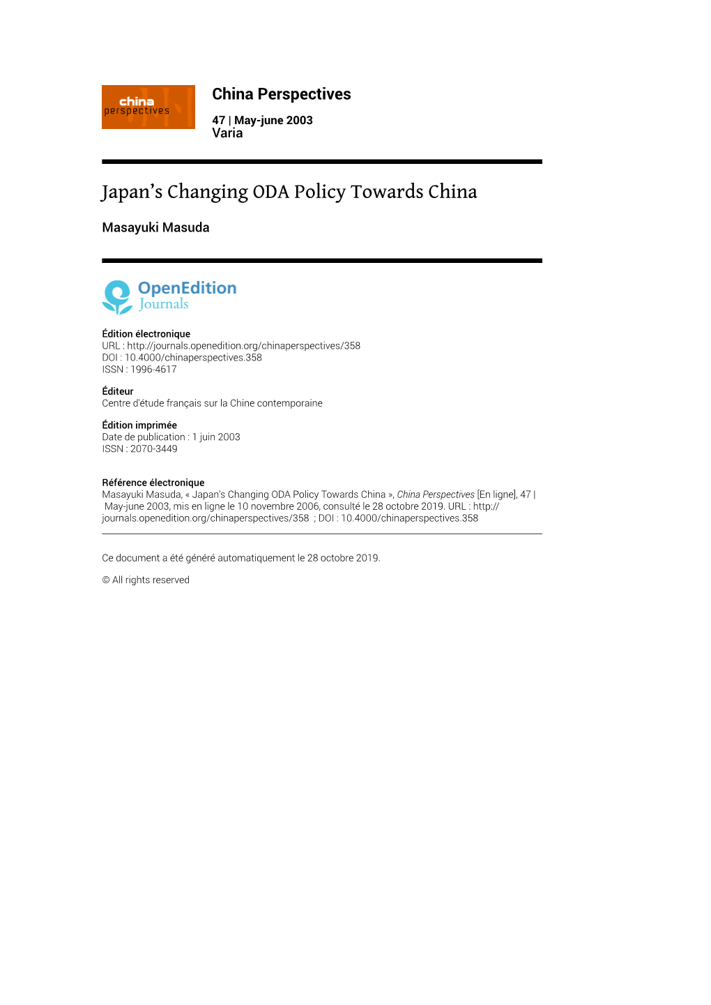 China Perspectives, 47 | May-June 2003 Japan’S Changing ODA Policy Towards China 2