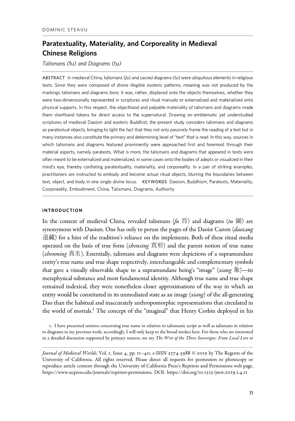 Paratextuality, Materiality, and Corporeality in Medieval Chinese Religions Talismans (Fu) and Diagrams (Tu)